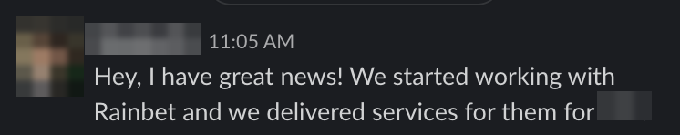 Message from an H9 client announcing they landed Rainbet as their own customer, with confidential details redacted